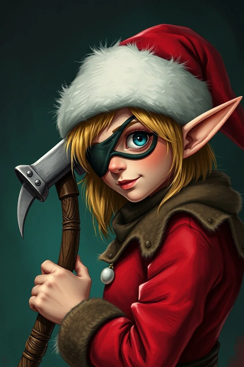 Female Christmas elf with an eye patch wielding a hammer and communist sickle