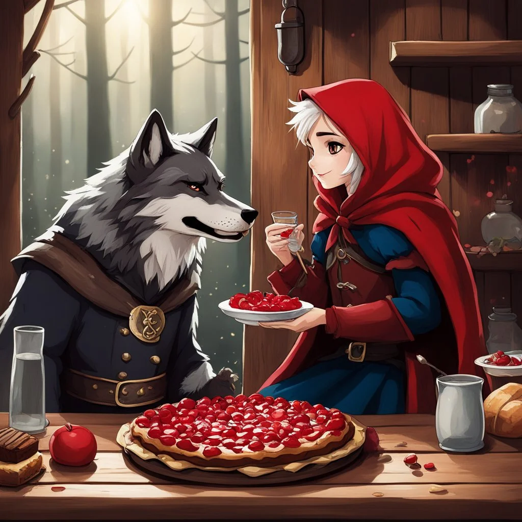 The Wolf and Little Red Riding Hood sat together in the cozy wooden kitchen, sharing a pie in a surprisingly friendly manner. The aroma of freshly baked pastries filled the air as they savored each bite, the tension that once existed between them now replaced by a sense of camaraderie. The Wolf, usually portrayed as the villain, had a twinkle in his eye as he chatted with Little Red Riding Hood, discussing the weather and the latest news from the forest.