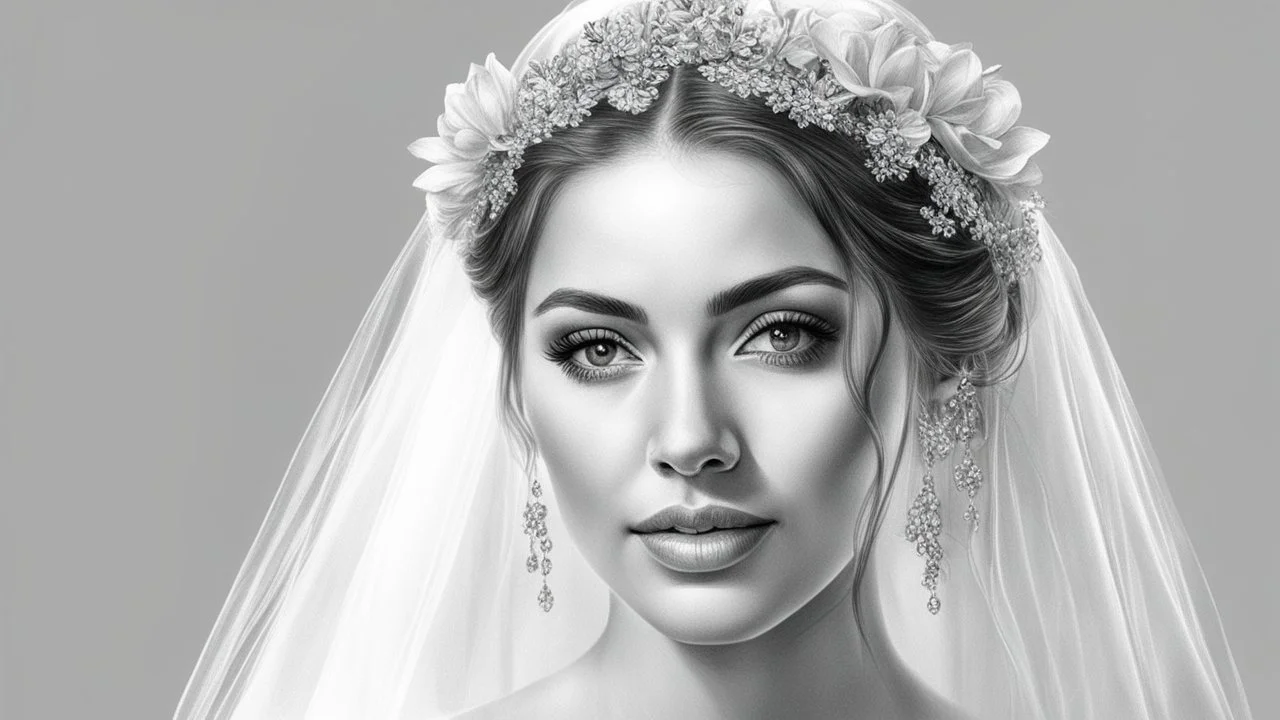 white background, bride, black and white pencil drawing, 3d, 64k, high resolution, high detail, computer graphics, hyperrealism, f/16, 1/300 sec. digital painting, double exposure,