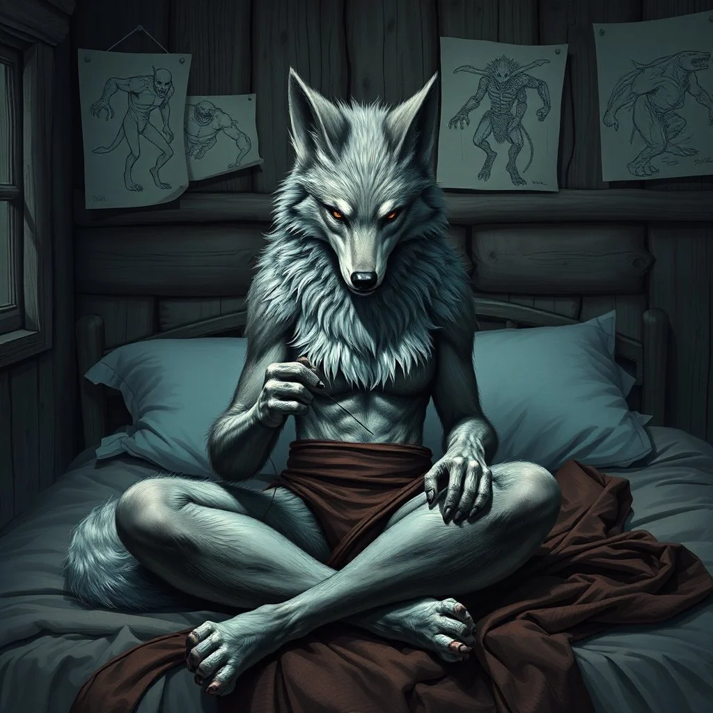 with wolf furry on her full body an anthropomorphic wolf woman hybrid sitting in the middle of a bed with a sewing needle and thread in her paw sewing a material belt, around her in the background are some paper with sketchy line kind drawings from monster on the walls of the wooden house, high realistic, detailed, cinematic, sci-fi, digital art, dark fantasy mood