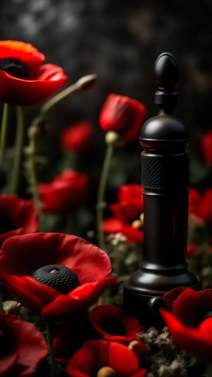 A small wooden hammer near a black pistol, a black leather glove and red lipstick in a dark garden filled with red poppies.Cinematic and realistic image