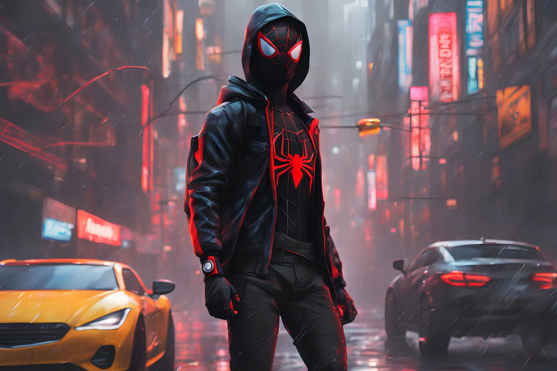 Miles morales in 8k nier automata drawing style, spider man them, cinematic mood, neon effect, close picture, rain, highly detailed, high details, detailed portrait, masterpiece,ultra detailed, ultra quality