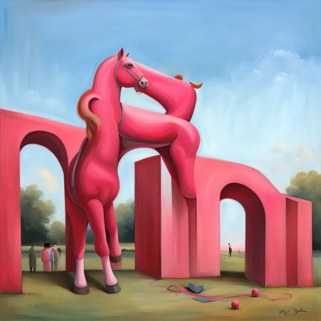 Big pink toy horse.19th painting