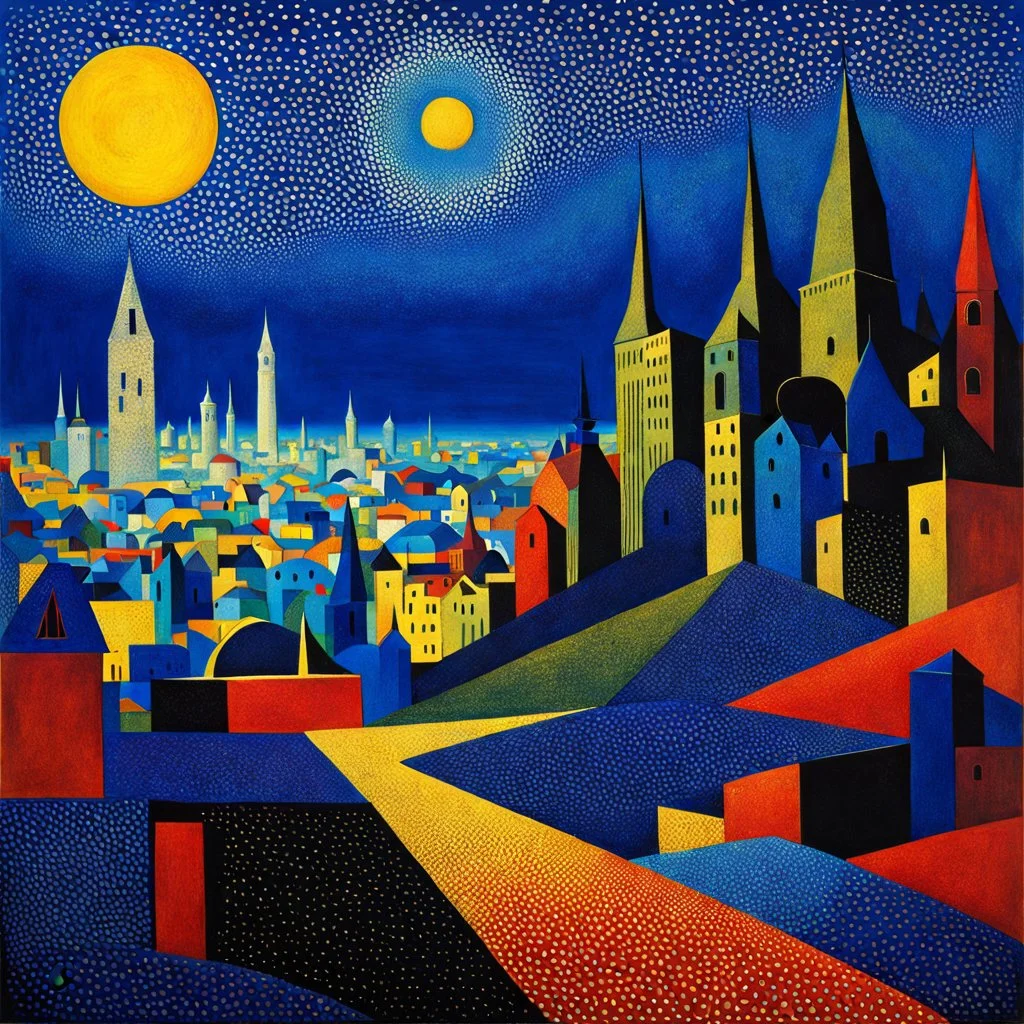 City with many colors, solchi e rilievi, dark blue decal pointillism Max Ernst