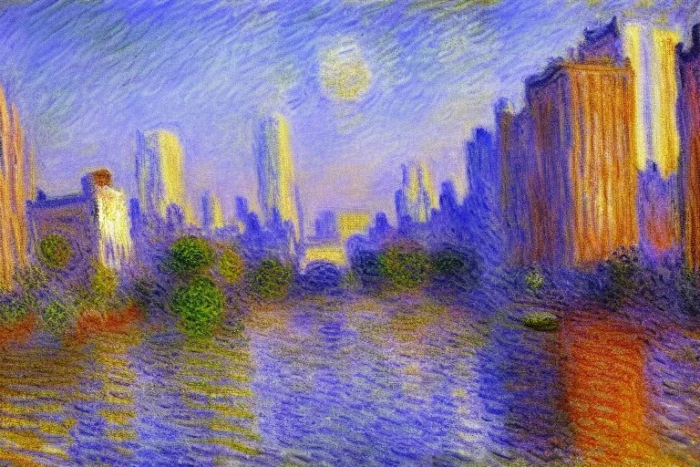 City near trees, Photography, hyperrealism, claude monet impressionism painting