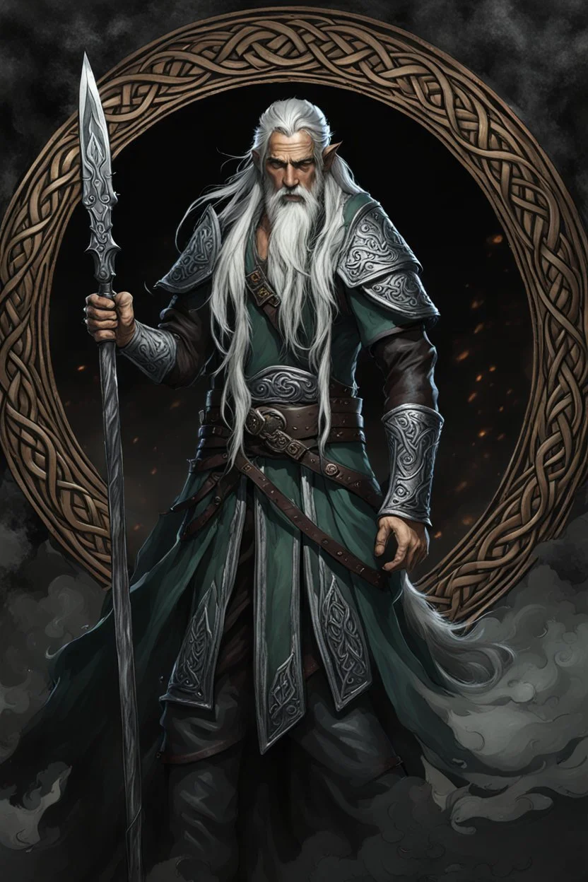 full length front facing ancient grizzled, gnarled elf mage, with long, grey hair streaked with black, highly detailed facial features, sharp cheekbones. His eyes are black. He wears weathered roughspun Celtic clothes. he is lean and tall, with pale skin, full body , thigh high leather boots and has a dark malevolent aura within swirling maelstrom of ethereal chaos in the comic book style of Bill Sienkiewicz and Jean Giraud Moebius in ink wash and watercolor, realistic dramatic natural lighting