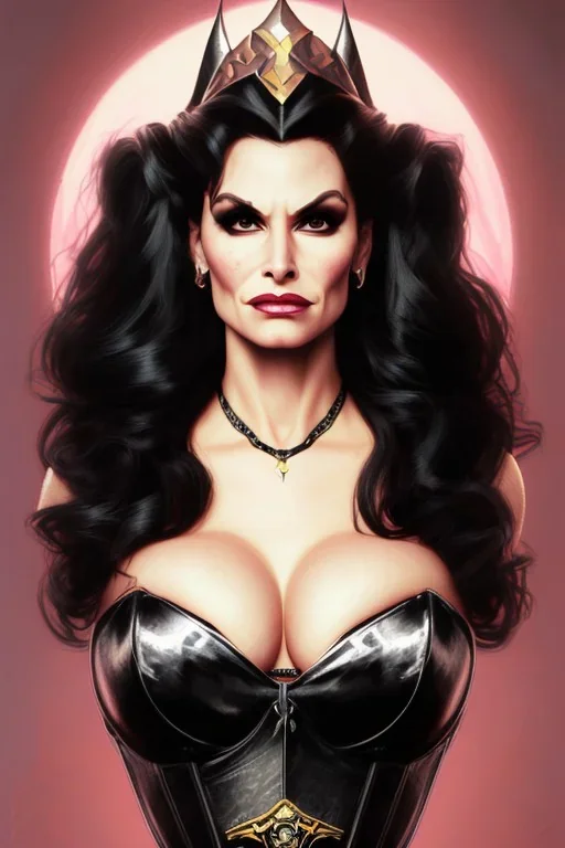 painting of lisa ann as evil queen in black leather, feminie, angry, stern look on her face, volouptous, busty, cleavage, emperious, mature, highly detailed, digital painting, artstation, concept art, smooth, sharp focus, illustration, art by gaston bussiere and alphonse mucha