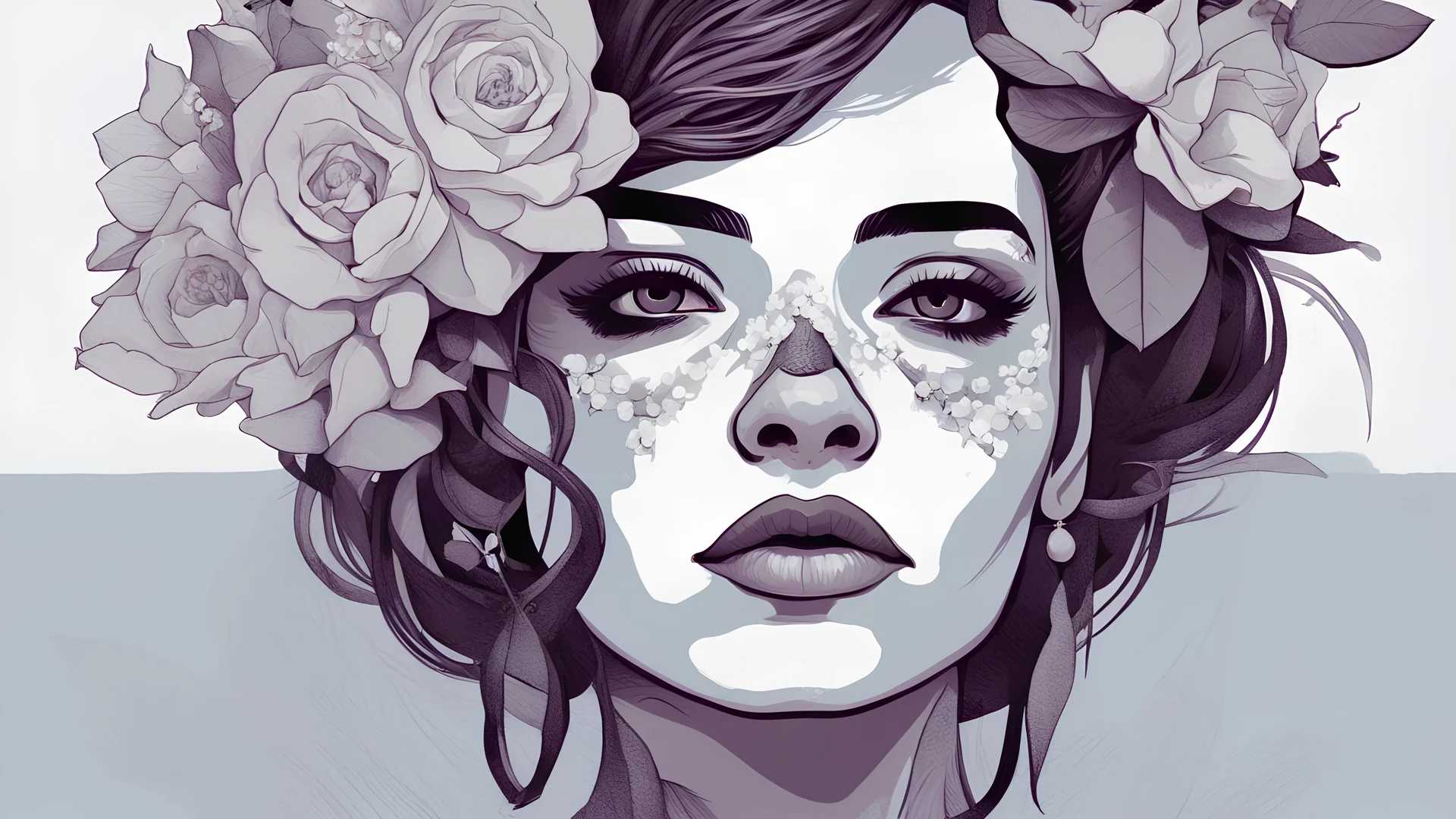 a digital painting of a woman with flowers in her hair, epic portrait illustration, in style of digital illustration, inspired by Kahlo, cyberpunk flowerpunk, queen of the dead, by Galen Dara, bagshaw art style, martin ansin artwork portrait, jen bartel, vector art style, beautiful female neuromancer, portrait of arya stark