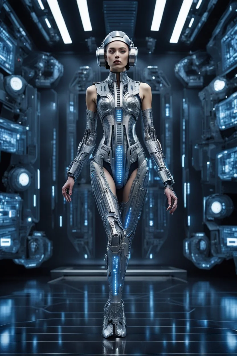 A biomechanical futuristic full body fashion model in a metal silver/blue armored dress, adorned with clear printed hieroglyphic symbols, microchip designe, futuristic headset, Fashion show background, energy, molecular, mecha, future fashion