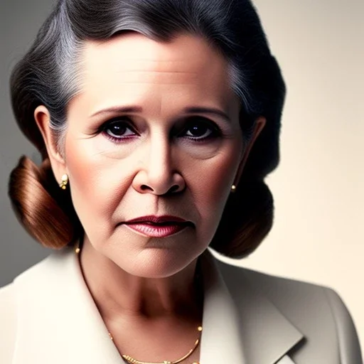 realistic analog style photography by Annie Leibovitz, photorealistic close up face of carrie fisher, soft ethereal skin, symmetrical short hairstyle,studio lighting, sharp brown eyes, dark plain background