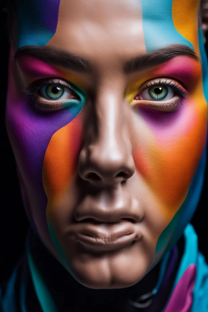 A close-up full-face portrait with hard edges and a variety of sharply contrasting colors.