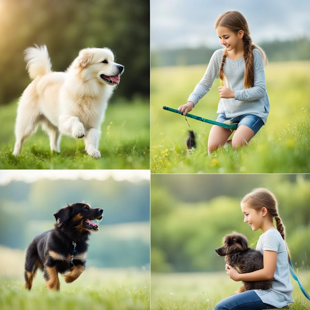 very beautiful realistic 10 years old girl playing with a furry Dog