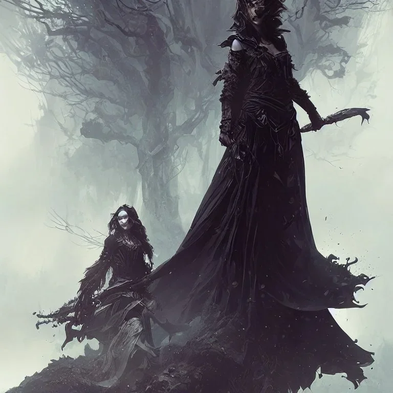 dark elegant dress druid woman, powerful, creepy, matter, majestic, flow, illustration, concept art, by Greg Rutkowski, Sung Choi, Mitchell Mohrhauser, Maciej Kuciara, Johnson Ting