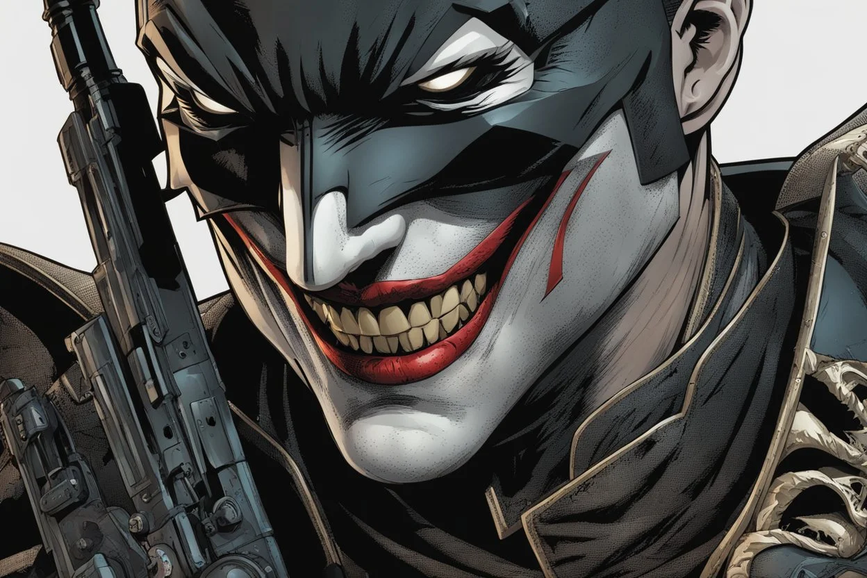 The batman who laughs in 8k comic book artstyle, cover eyes, joker smile, darkness them, close picture, apocalypse, intricate details, highly detailed, high details, detailed portrait, masterpiece,ultra detailed, ultra quality