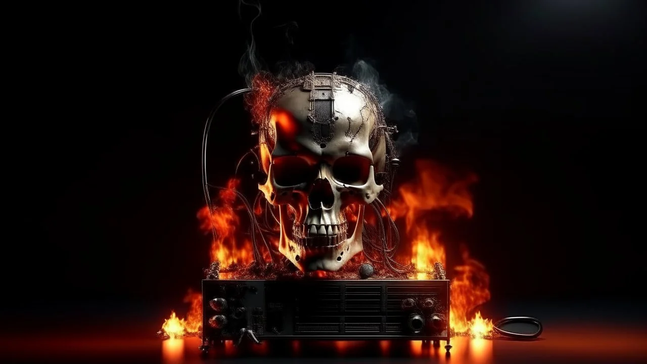 4K. REALISTIC FULL DETAILS. LOGO EMISSION DE RADIO HARDROCK FIRESTARTER TERMINATOR. FLAMMES EN FOND D IMAGE ET STUDIO DE RADIO QUI BRULE