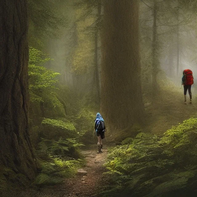 female hiker with backpack walking in the woods, alone, beautiful, stunning, solitude, 8k resolution, high-quality, fine-detail, intricate, digital art, detailed matte, volumetric lighting, dynamic lighting, brian froud, howard lyon, selina french, annie stokes, lisa parker, greg rutowski, alphonse mucha