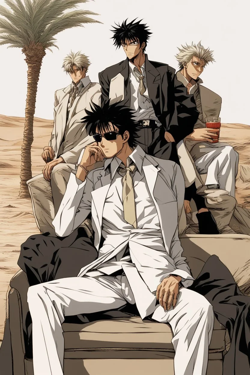 Nicholas Wolfwood Trigun is sitting on a couch in the middle of the desert