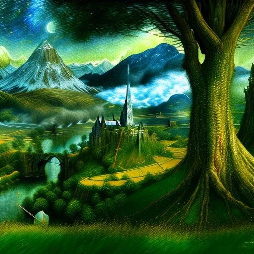 Epic Drawing of scenery of The LOTR estilo Van Gogh 4k