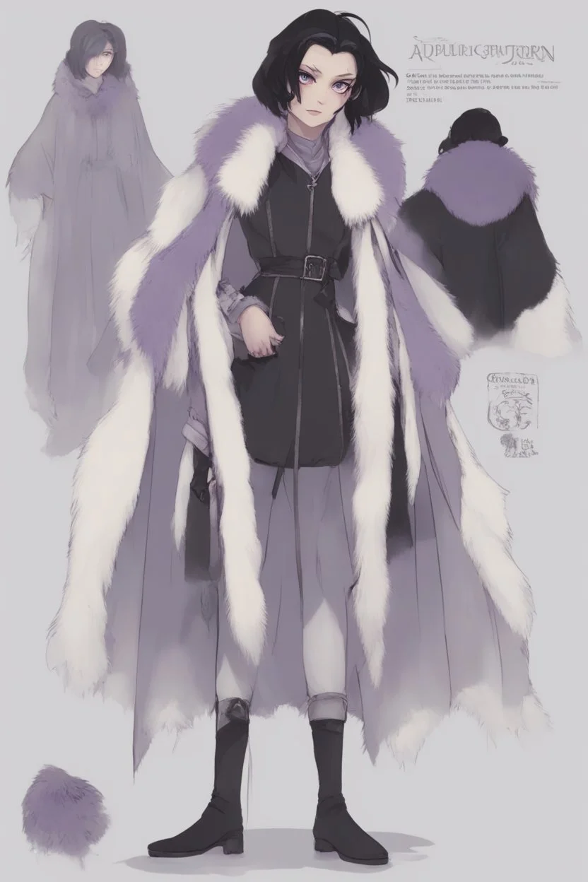 A dnd character sheet. A woman dressed for the cold north in black and white furs, with black hair and lilac eyes.