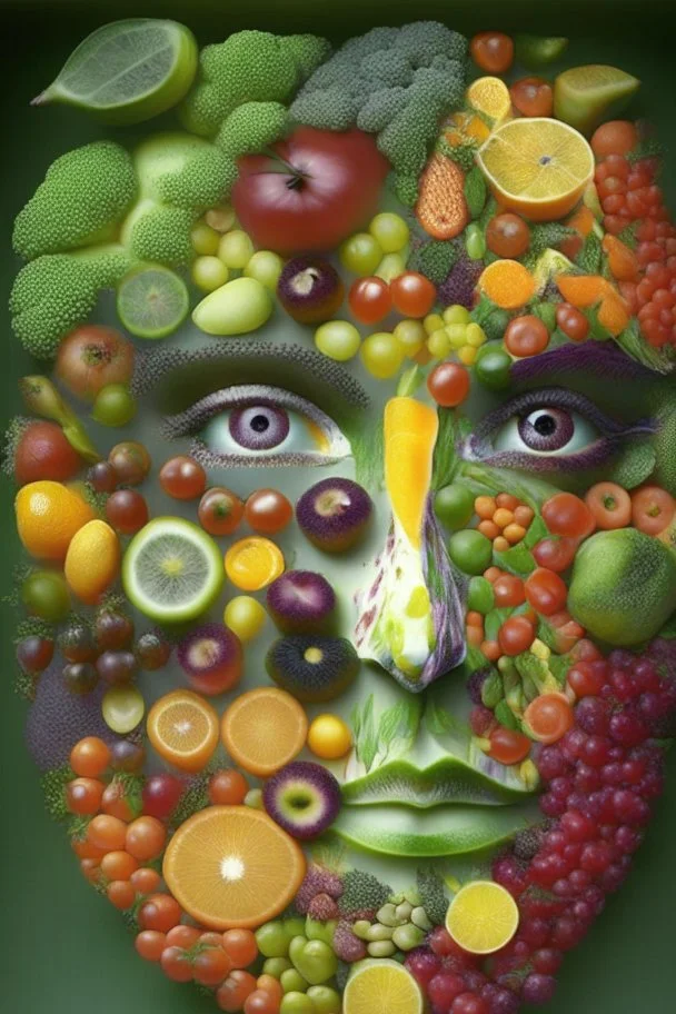 a human face made only of fruits & vegetables