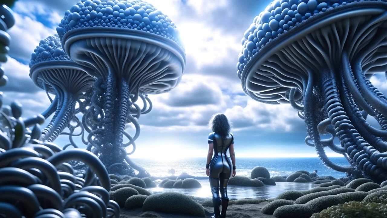 Wide-angle shot of a woman, standing on the right side of an alien beach, with dark hair in a silver robotic catsuit, lots of large floating mushrooms with long tentacles, alien jungle trees in the distance