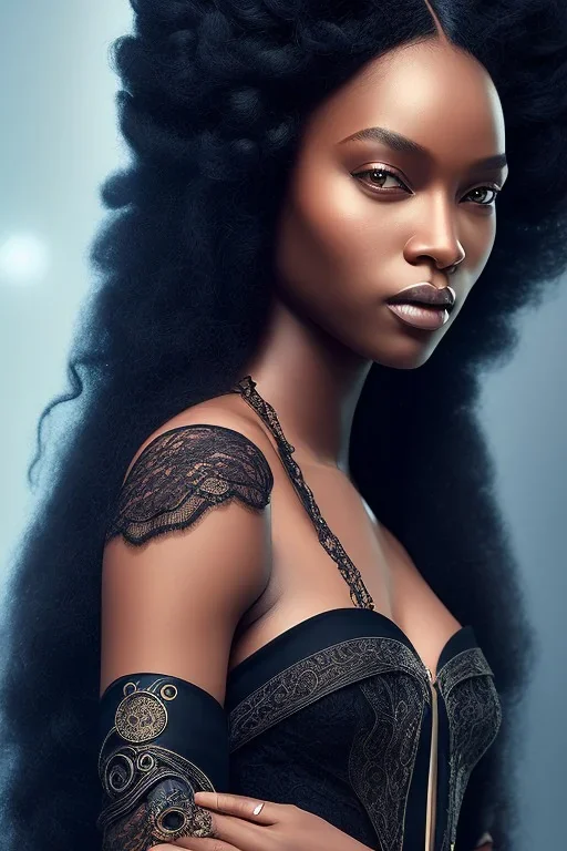 A portrait of a beautiful curvaceous black woman with long black hair, wearing a lace black corset, wizard, magical, ethereal, intricate, bright lighting, . Concept art by wlop. Ultra quality 8k.