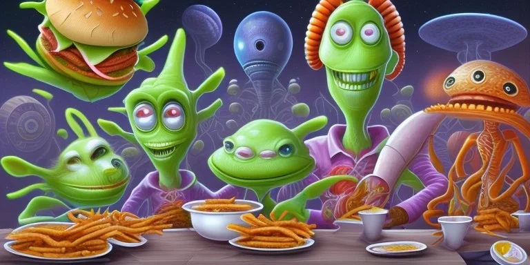 aliens in clothes enjoying fast food on earth