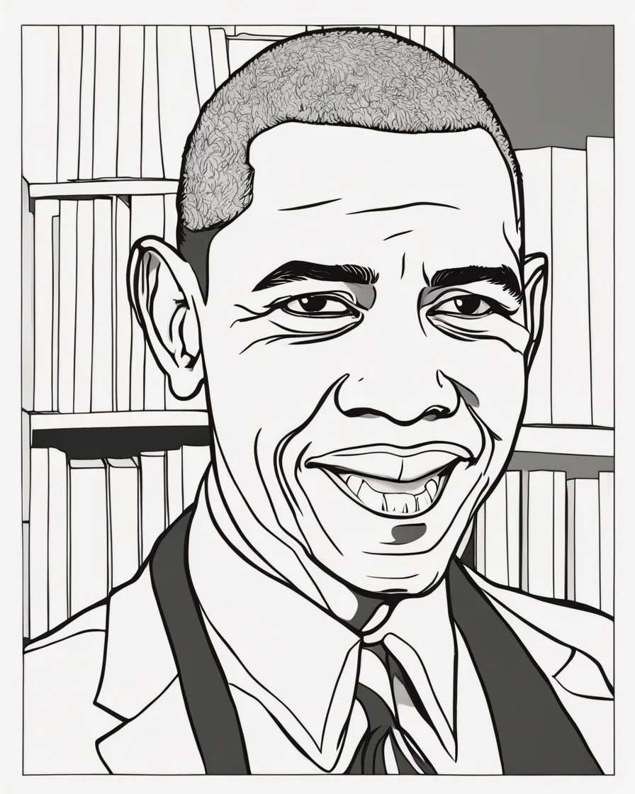 coloring page for teens, simple outlines art, cartoon style, outline drawing, bold outlines, clean and clear outlines, no tones color, no color, no detailed art, art full view, wide angle, white background, Barack Obama