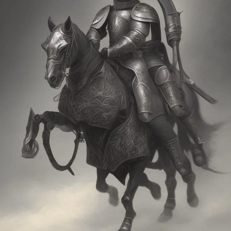 Medieval cavalry. Warriors. Leather armor. Black. Sharp details. Roar. Fast galloping.