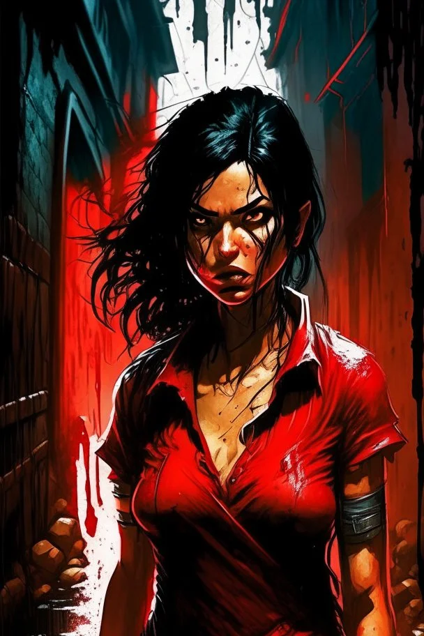 woman in a red shirt standing in a dark alley, by Aleksi Briclot, digital art, girl with black hair, bloody river in hell, as a fortnite character, woman very tired, ready to fight, no yellow color in eyes, torrential rain of blood, stylised comic art, uncharted, bbc promotional artwork