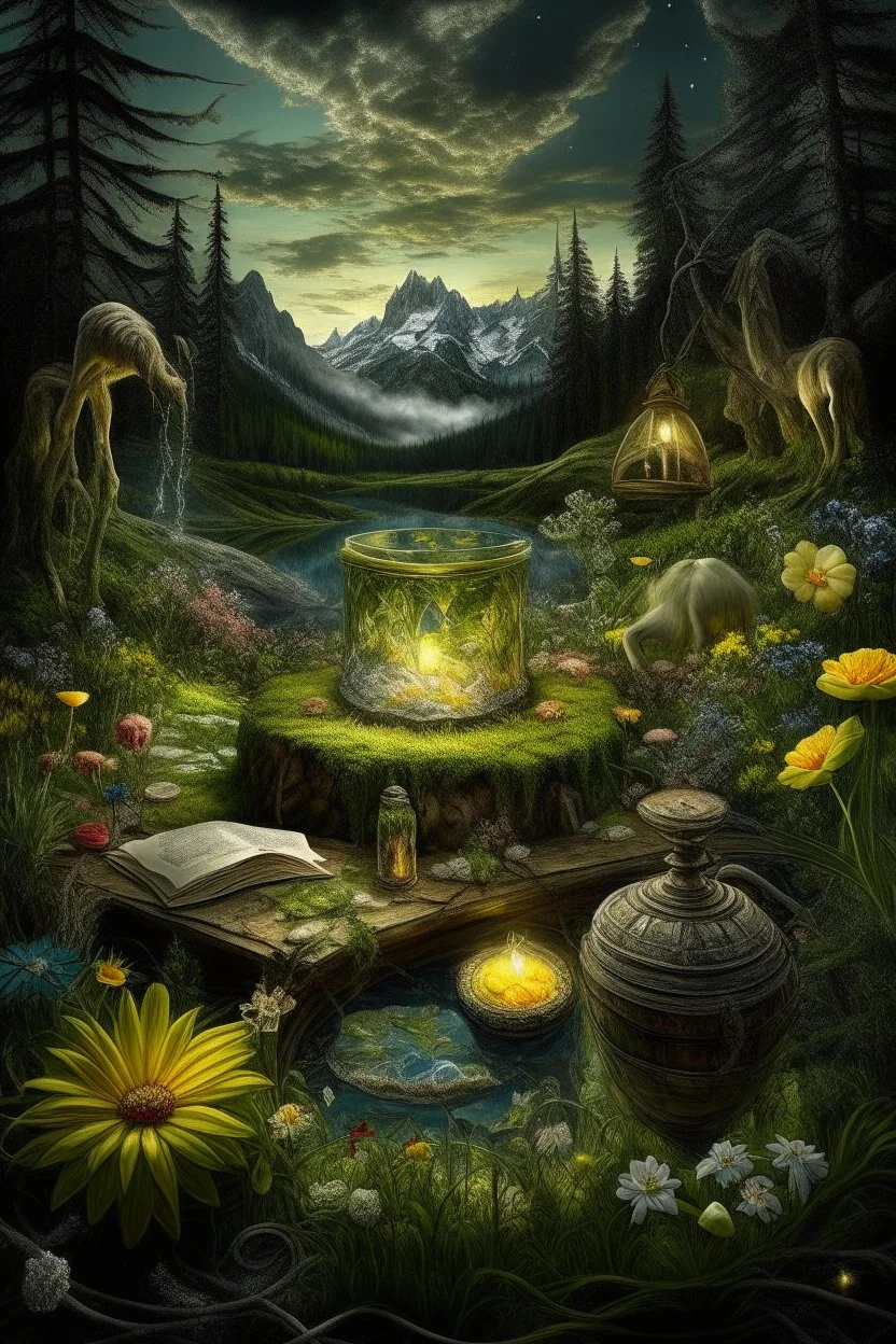 Hyperrealism against the background of a spring landscape in the forest +mirror with a tsunami whirlpool +mountains +ritual +candles+dried flowers+wildflowers+moss++decoupage of flowers+embroidery technique+braided beads+vine+moonlit night,fabulous landscape,surrealism,realism,naturalism,dot technique,microdetalization,high detail objects,digital illustration,volumetric clarity,dark fantasy,dark botanical, professional photo