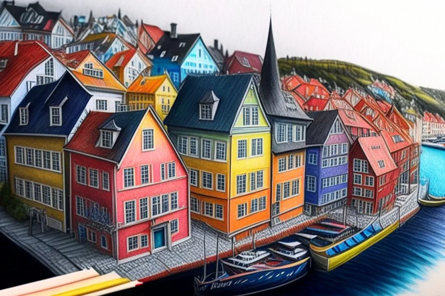 Colored pencil drawing, Very detailed, Drawing of the colorfull houses in the city Bergen in Norway. Colorfull, professional, detailed, pencil strokes, calm composition, zoom out, very detailed and realistic