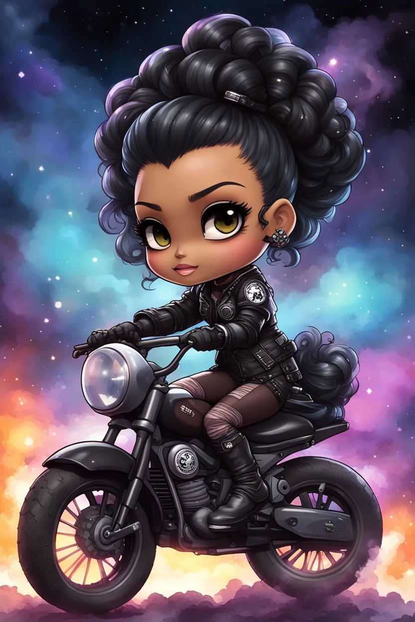 Create a galaxy art illustration of a chibi cartoon full figure black female riding a sports motorcycle. She is wearing tie dye and black tights with biker boots. Prominent make up with log lashes and hazel eyes. Extremely highly detailed black shiny wavy hair up in a messy bun. Background of smoke surrounding her and the bike and she's at a bike show.