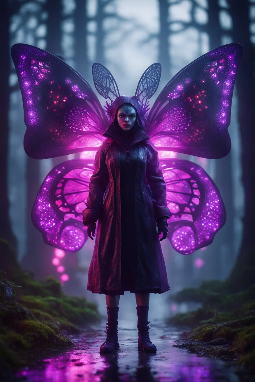 Volumetric forest fog gremlin butterfly fairy lights,paradise sacred geometry framed playing card, black, red, spore and purple neon fire cyber punk dancer thief in soaked rain coat shadows boss card in the style of giger and fallout 4 ,,bokeh like f/0.8, tilt-shift lens 8k, high detail, smooth render, down-light, unreal engine