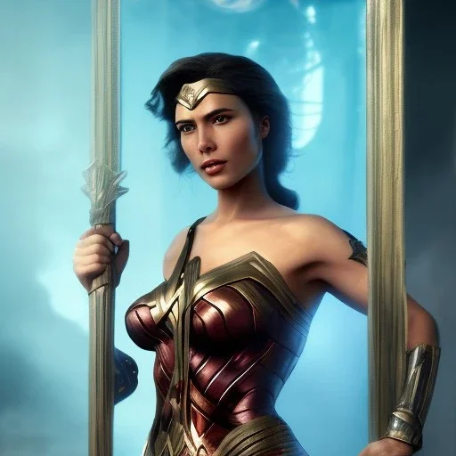 Wonder woman posing in front of a mirror holding a large sword, futuristic design, a paradise in background, close-up face, geometric armor, female face, 3d unreal engine, black face, close up armor, church detail, lovely face