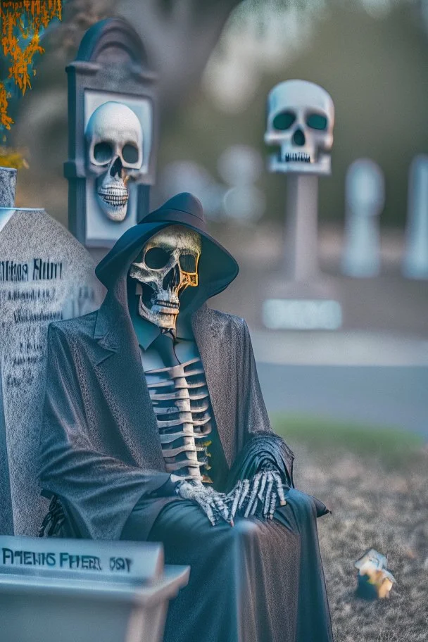 photo of a hoodless grim reaper wearing a suit, highlighting shiny areas of the skull, sitting outside a cemetery with a welcome sign, wearing suit, rim lighting, studio lighting, looking at the camera, dslr, ultra quality, sharp focus, tack sharp, dof, film grain, Fujifilm XT3, crystal clear, 8K UHD