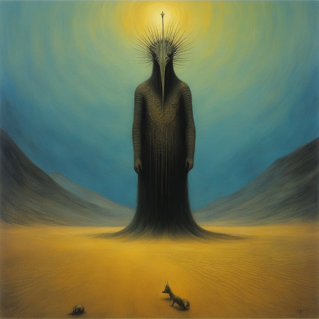 [art by Zdzisław Beksiński] A creature stirred, its reptilian eyes, I froze in terror, praying it wouldn't realize My presence, hidden, though my heart did pound. Then another came, adorned in tribal crown. Wandering these dunes, a mystery unbound, Visions and memories, swirling all around. What forces brought me to this alien ground? A soulful lament, my heart's resound.