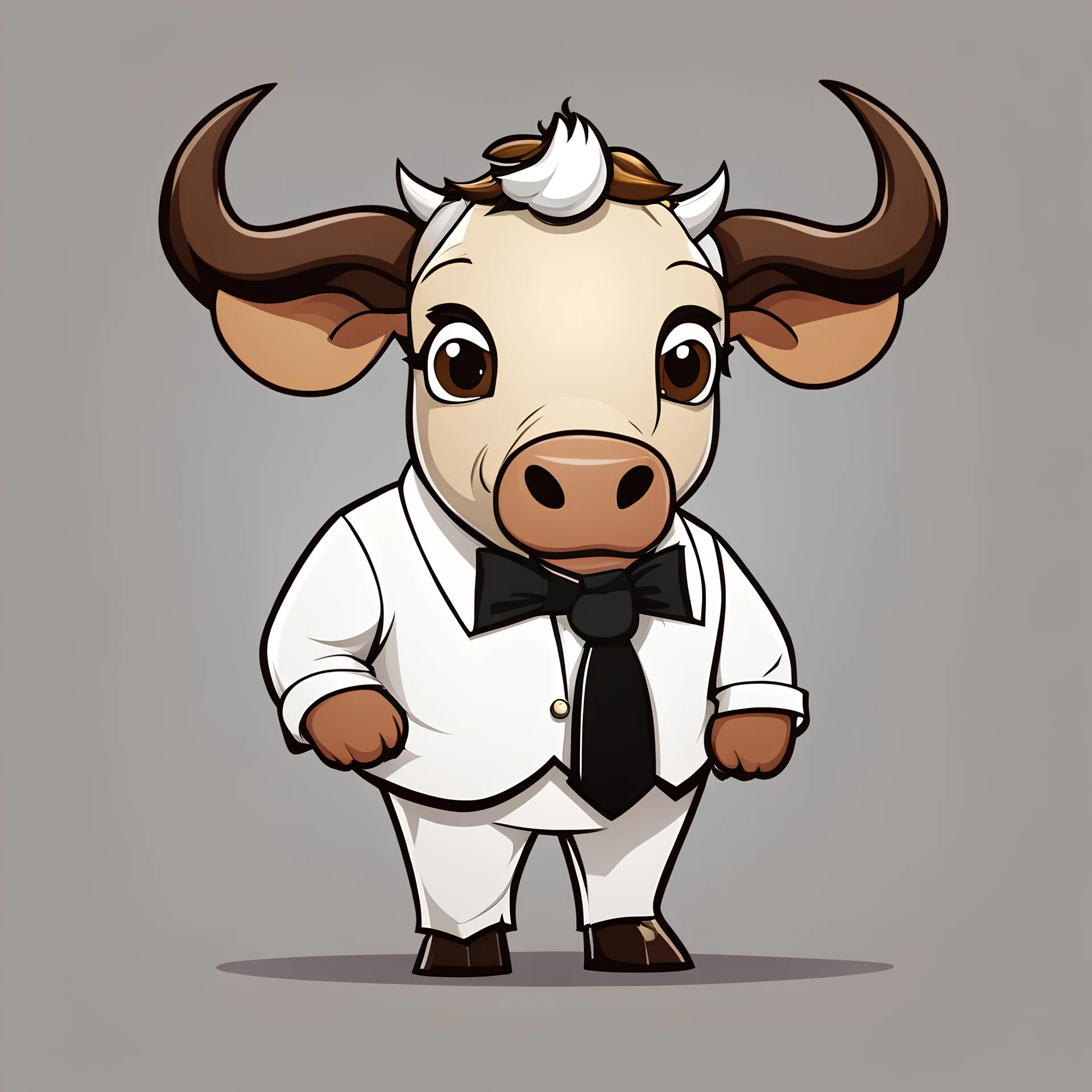 A cartoon royal game character dressed in a white shirt and black tie, with a brown cow head and horns. They are holding one hand