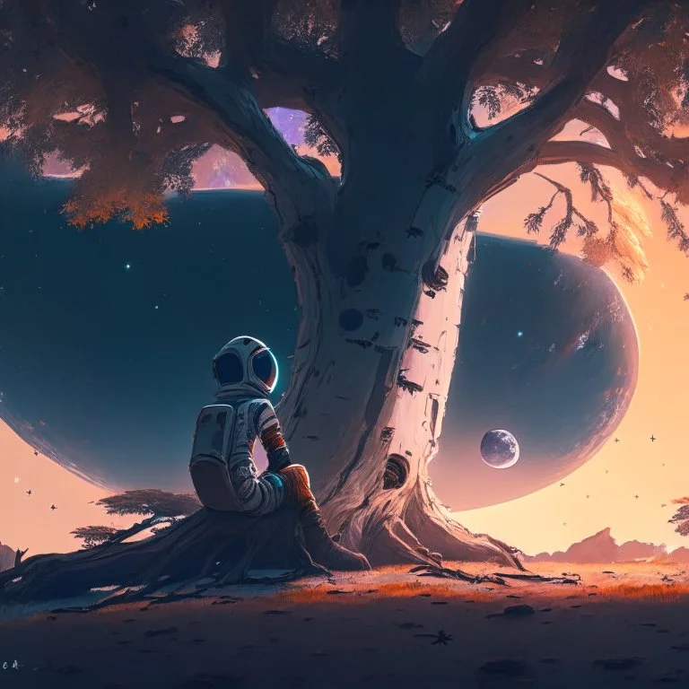 A lonely astronaut sits under the shade of an old tree on the edge of a planet. He looks at a beautiful galaxy. And he is thinking while waiting for his love.4k, high resolution. full detail. digital art, anime