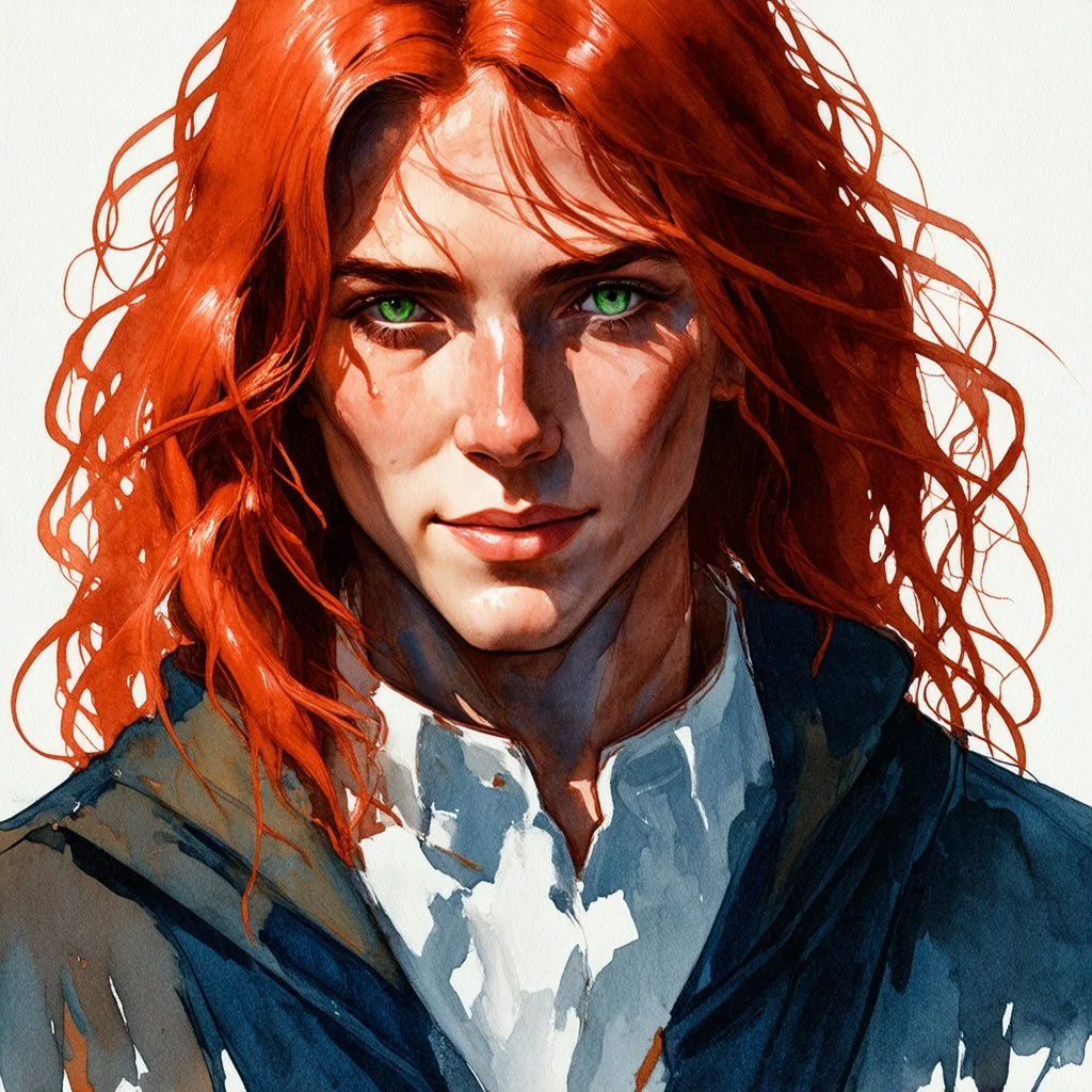 dnd, fantasy, watercolour, stylistic, portrait, illustration, dull colours, male, face, narrow face, weathered face, green eyes, determined, happy, red hair, very long hair streaming down the shoulders, radiating light, five o'clock shadow