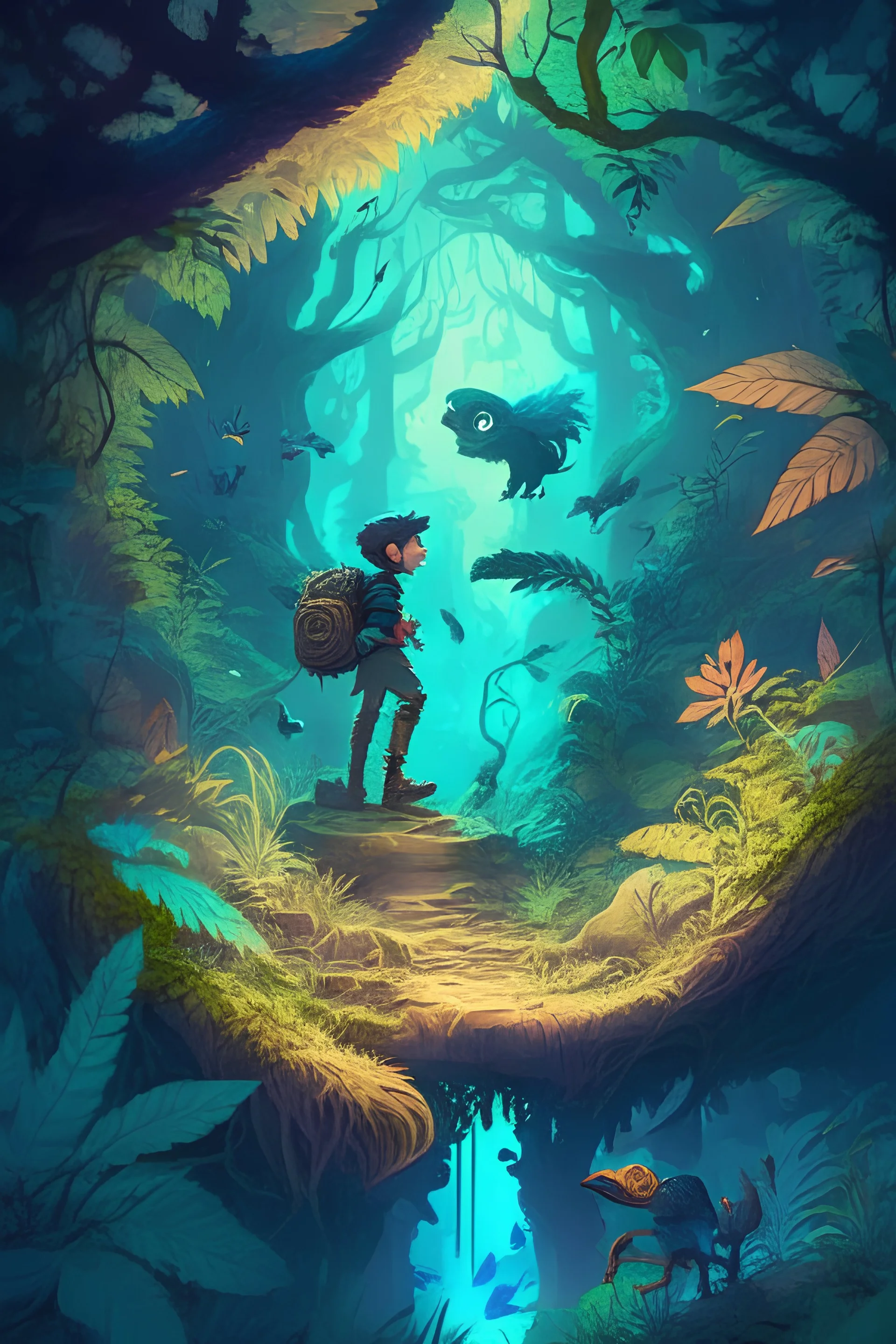 Design a captivating scene featuring Pelter exploring a mystical forest, surrounded by vibrant vegetation and curious creatures. Show his connection with nature and the magical elements of his abilities.