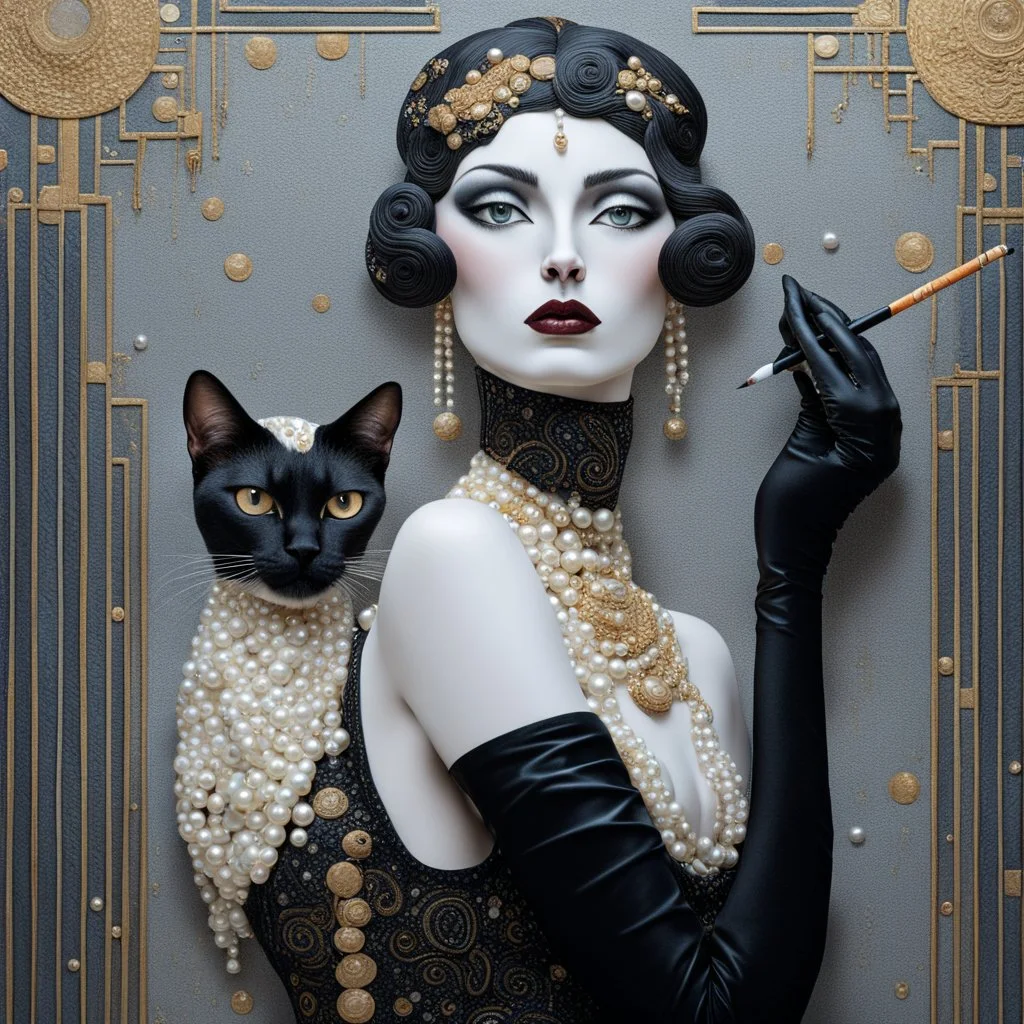 Mixed media, a tall beautiful woman with the head of a Siamese cat, wearing a black dress with pearls and long black gloves, she is holding a cigarette in a cigarette holder, background in the style of art deco Klimt, George Barbier, 3d, Bas relief, encaustic, gold leaf accents.