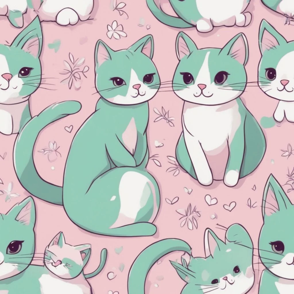 A delightful and adorable cartoon illustration featuring a cute mint-colored cat against a charming pink background, (delightful illustration:1.4), (adorable cartoon cat:1.5), (charming pink background:1.3), (expressive mint hues:1.2), inspired by the styles of cute cartoon artists, trending on ArtStation, Intricate, Sharp focus, vibrant lighting, (whimsical:1.4), (playful ambiance:1.3), (lush fur details:1.5), Cartoon, Masterful, Captivating, High Detail, Cinematic view