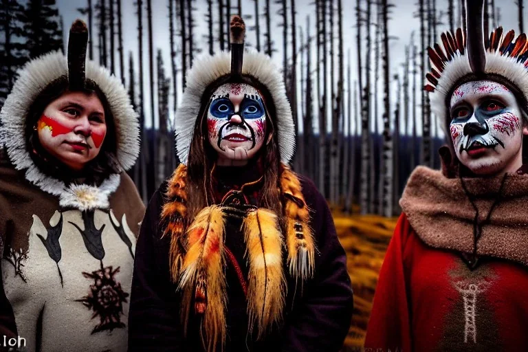 Northern Native people, indigenous, birch-bark in the face of Kekripukki, Scary Horns, Midwinter, Ghost, Mystic, Haunted Children, Witch, Wizard, Sage, Traditional Costumes, Full Face Painted colorfully. Arctic Hills, Strange Forest, Haunting Atmosphere, Crazy, North-Carelia, Karelia, Karjala, Karjalainen, traditional costumes