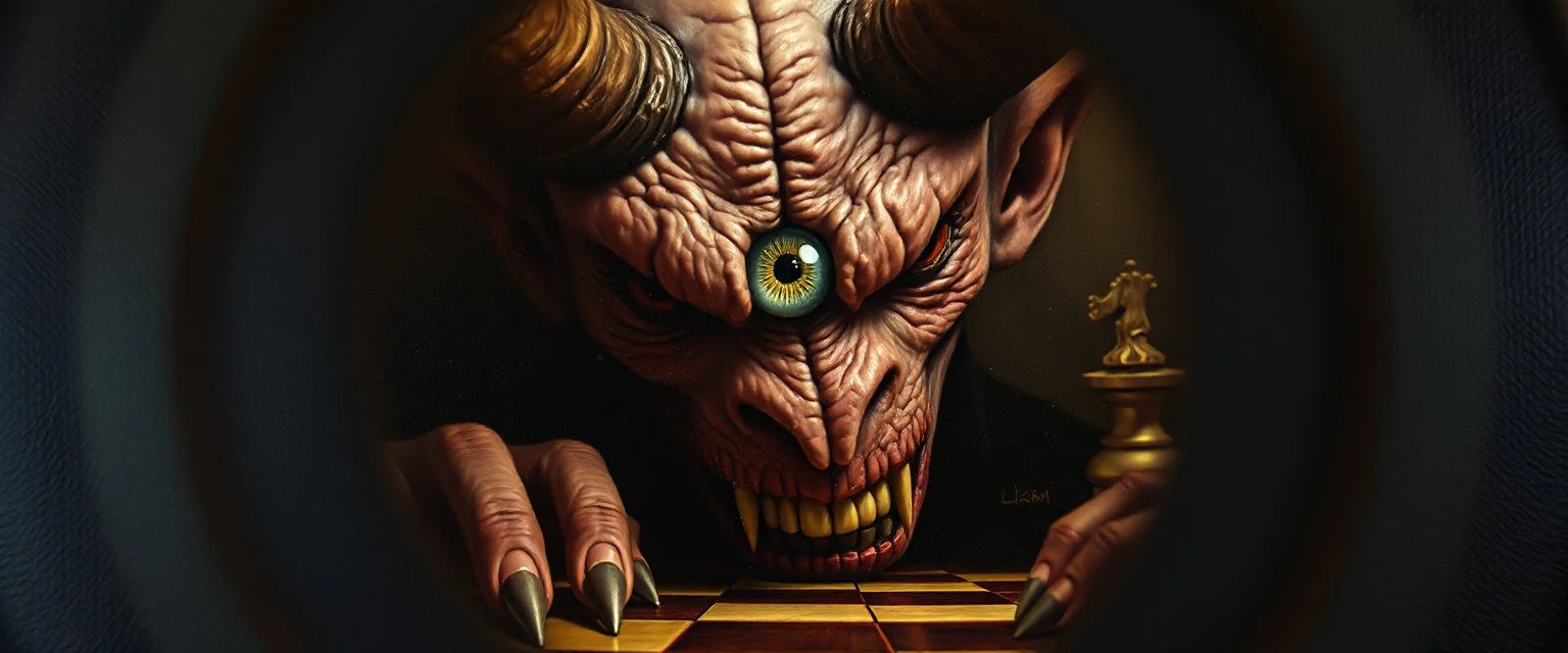 pin hole cam, master oil painting by Rembrandt, realistic rendering one eyed media chess demon a sense of depth