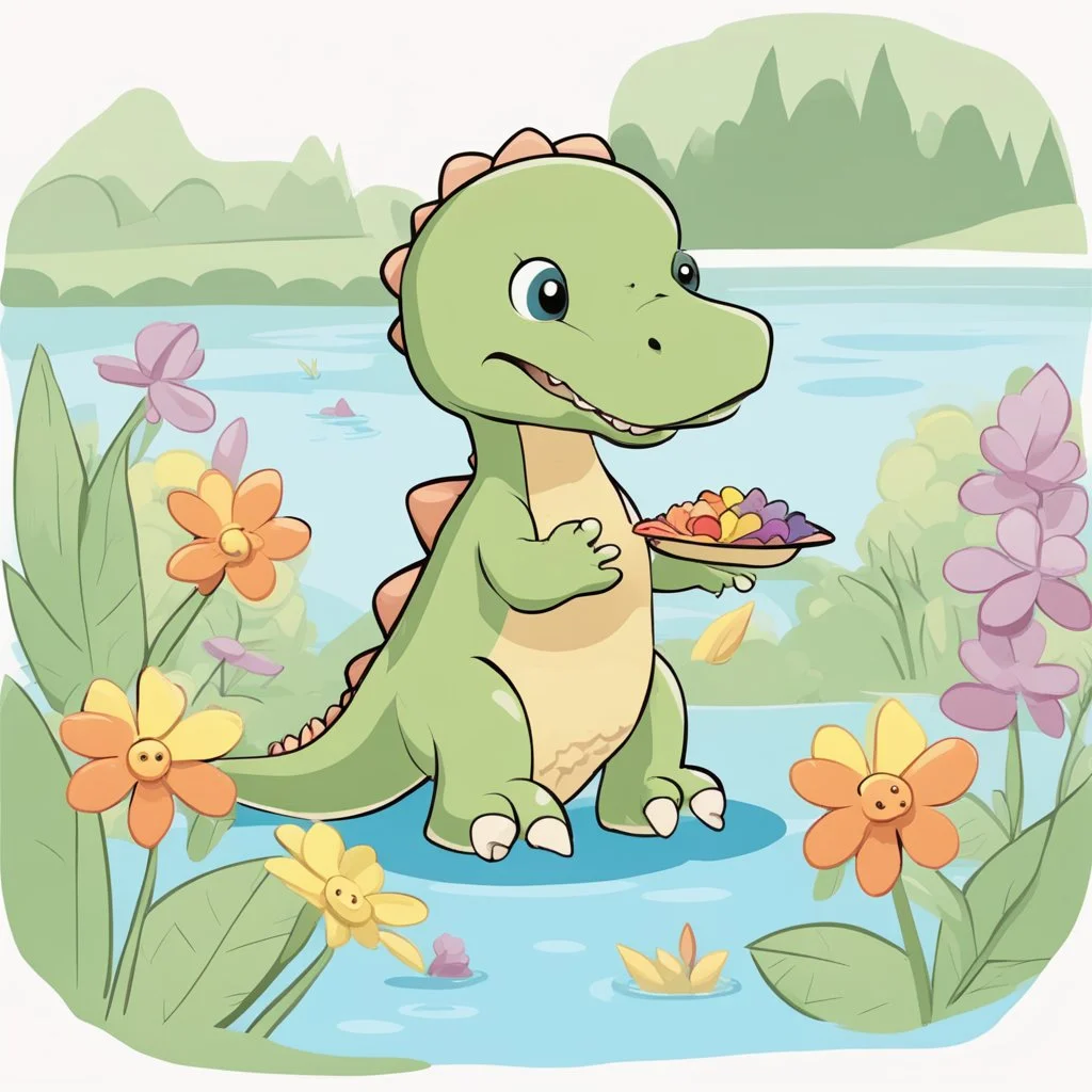 cute dinosaur colored with basic colors, full body, defined lines, no shadows, white background, clear and well, without shadows, this dinosaur is eating flowers in the border of lake