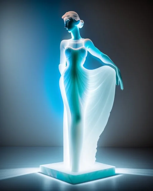 translucent glass alabaster sculpture, backlight, an Art Deco dancer statue in a dress, very emotional, welcoming, love, luminescence, sculpture, photograph, studio lighting, product photography, figurine, unreal engine, cryengine, ambient occlusion