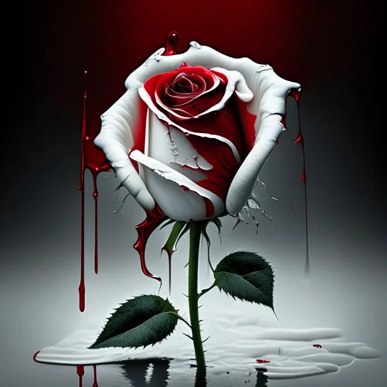 A white rose bleeding red blood from its stem