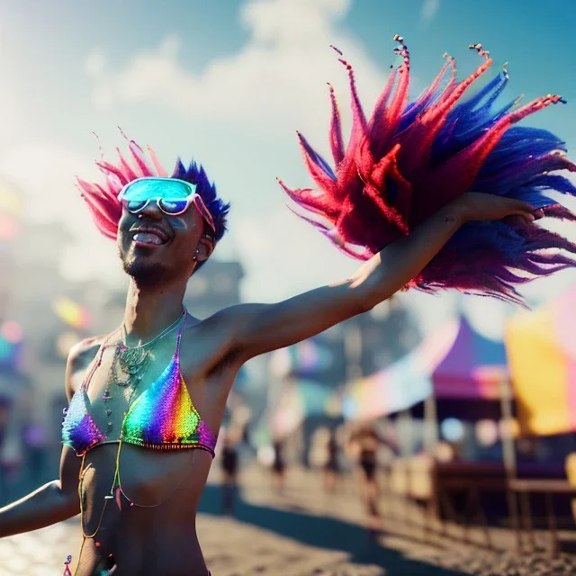 Ultra Realistic photo, medium shot view, drunken dancer bikini woman, carnival scene, monster hair, steampunk. Red hair, confeti, Sunglasses, smile, happy, festival, gradient color fog. highly detailed, concept art, unreal engine 5, ray tracing, RTX, lumen lighting, ultra detail, volumetric lighting, 3d, finely drawn, high definition, high resolution.