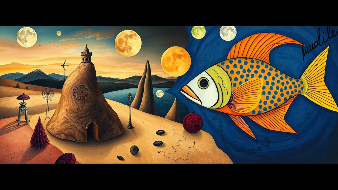 CREATE AN IMAGE BY MIXING BALANCED AND COMPOSITIVELY THE WORKS OF The Persistence of Memory BY Salvador Dalí AND Magic of Fish BY Paul Klee, BLENDING DALÍ'S MELTING CLOCKWORKS WITH KLEE'S VIBRANT FISH SHAPES, FEATURING DREAMLIKE LANDSCAPES, SURREALISTIC OBJECTS, AND ABSTRACT FORMS, WITH A COLOR PALETTE THAT COMBINES DALÍ'S EARTH TONES AND KLEE'S BOLD BLUE AND YELLOW HUES, INCORPORATING TEXTURES AND PATTERNS FROM BOTH ARTISTS' STYLES, WITH A FOCUS ON CREATING A THOUGHT-PROVOKING AND VISUALLY STUN